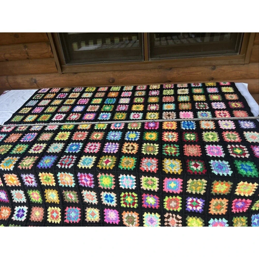 Vtg 1970s Heavy Granny Square Afghan Blanket 56x76 Black Border Retro Throw